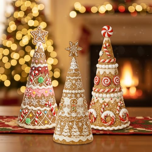3 Packs Gingerbread Christmas Tree Figurines Resin Tabletop Decor (5 Inch / Gingerbread Tree)