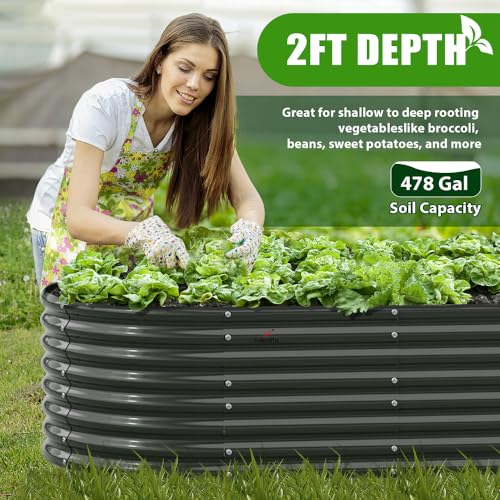 Anleolife 8x4x2ft Oval Deep Root Galvanized Raised Garden Bed (Quartz Grey-oval Round / 96x48x24'' Tall)
