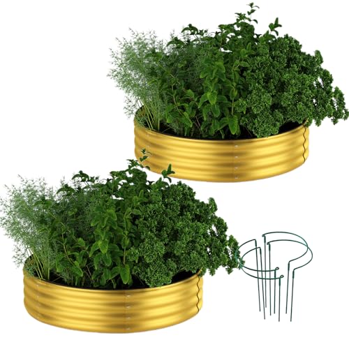 Galvanized Metal Planter Round Raised Garden Bed Kit for Gardening Outdoor Galvanized Planter Outdoor 2PC Gold 2X2X1FT (Gold / 2x2x1FT（2pcs）)