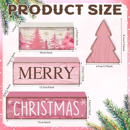 4 Pcs Wooden Merry Christmas Block Signs Pink Farmhouse Decor (Pink Christmas)