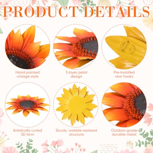 14 Pcs Metal Flower Decor 3D Sunflower Daisy Multicolored Garden Art Outdoor Decorations Butterfly Bee Ladybug Wall Art for Yard Fence Home