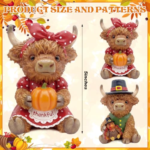 2 Pcs Fall Thanksgiving Highland Cow Resin Turkey Cow Figurines (5 Inch / Turkey Pumpkin Highland Cow)