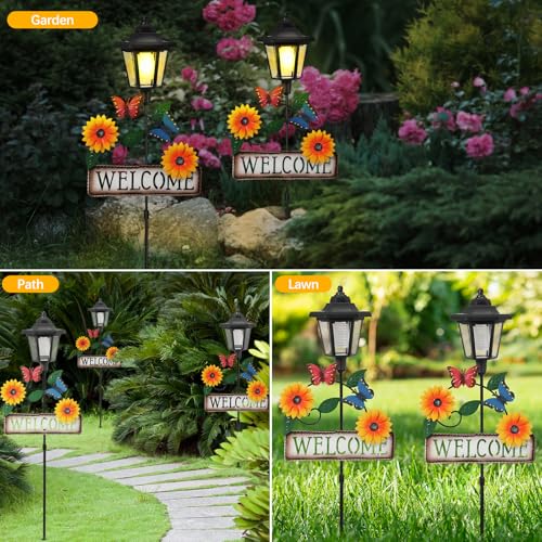 2 Pack Solar Garden Lights Butterfly with Welcome Sign (Yellow Flower)