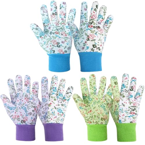 Floral Gardening Gloves for Women (3 Pairs - Green + Purple + Blue Flowers)