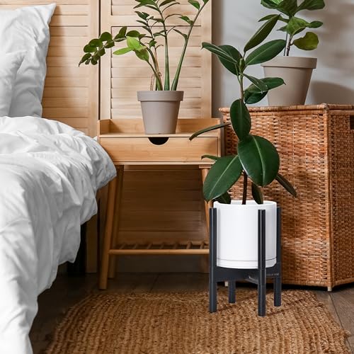 Ceramic Pot with Ebony Wood Stand (8 Inch / White Pot + Ebony Stand)