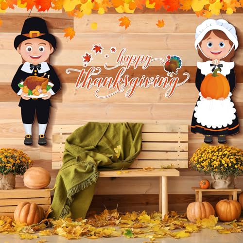 4 Pcs Thanksgiving Pilgrim Decoration Outdoor Fall Pilgrim Boy and Girl Hanging Signs for Indian 25 x 10 Inch Wooden Thanksgiving Signs Hanger for Porch Front Door Wall Home Outside Party