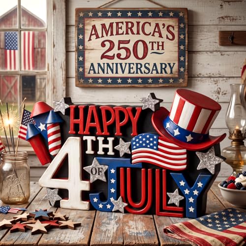 1 Pack Happy 4th of July Decoration Resin Patriotic Figurines Table Decor Red Blue White Sign Independence Day Statue Tabletop Centerpiece for 250th Anniversary Home Office Tiered Tray Shelf (5 Inch / 4th of July)