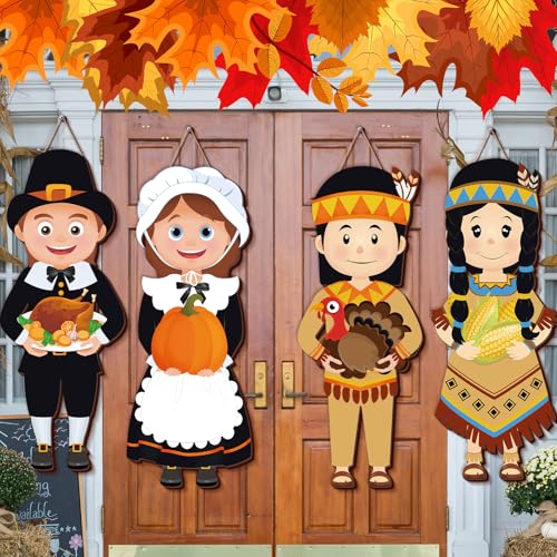 4 Pcs Thanksgiving Pilgrim Decoration Outdoor Fall Pilgrim Boy and Girl Hanging Signs for Indian 25 x 10 Inch Wooden Thanksgiving Signs Hanger for Porch Front Door Wall Home Outside Party