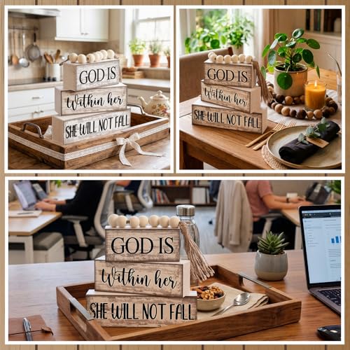 4 Pcs Wooden Blocks God Is Within Her Farmhouse Decor (God is Within Her She Will Not Fall)