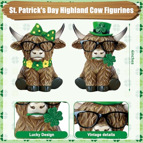 2 Pack St Patrick's Day Highland Cow Figurines Irish Shamrocks Gnomes Resin Leprechaun Green Highland Cow Statue Scottish Calf Lovers Gifts Table Decor for Home Office Garden Kitchen (4 Inch / Irish Highland Cow)