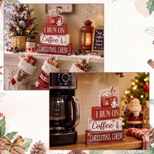 4 Pcs Christmas Coffee Table Decor Hot Chocolate Cocoa Wooden Stacked Sign Rustic Christmas Tiered Tray Decor Cocoa Centerpiece Block Signs Gift Xmas Decoration for Home Coffee Bar Kitchen (I Run on Coffee & Christmas Cheer)