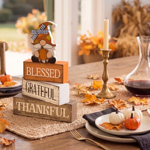 4 Pcs Fall Gnome Block Signs Thanksgiving Tiered Tray Decor (Blessed Gnome)