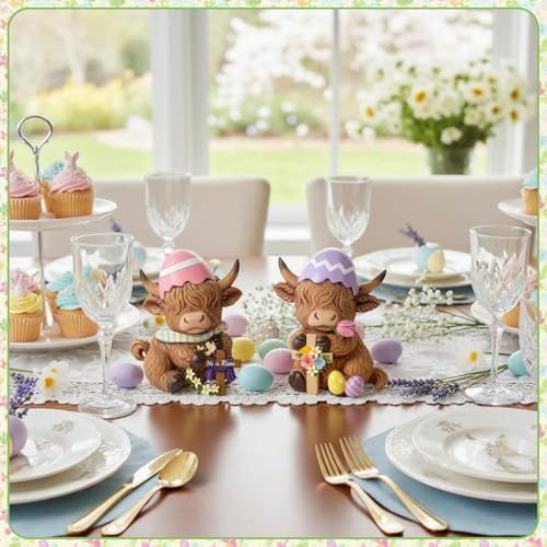 2 Pack Easter Highland Cow Figurines (4 Inch / Easter Highland Cow)