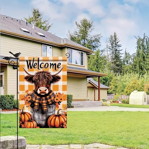 Thanksgiving Garden Flag 12x18 Inch Cow in Bucket with Pumpkins and Sunflowers and Welcome Message Outdoor Yard Porch Lawn Decoration for Fall Seasonal Holiday Decor (Cow in Bucket with Pumpkins)