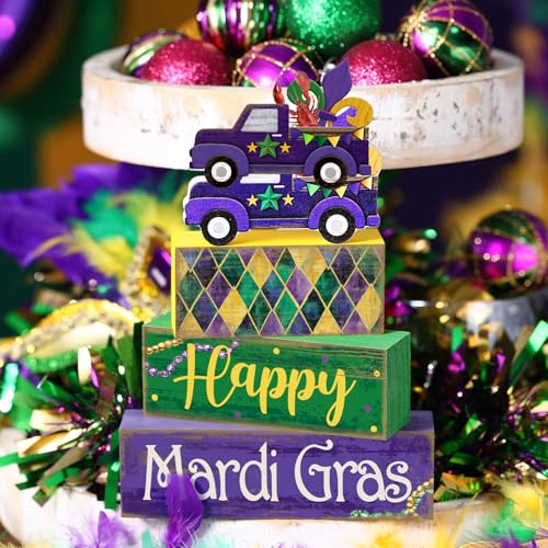 4 Pcs Mardi Gras Tiered Tray Decor Wooden Blocks (Truck)