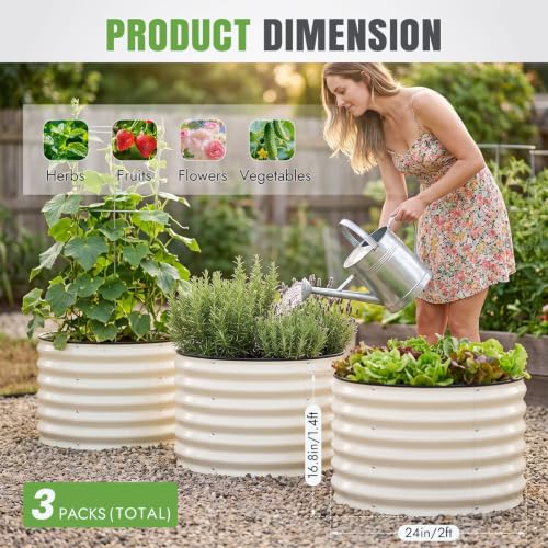 3 Pcs Round Galvanized Raised Garden Beds (White / 2x2x1.4FT(3 Pcs))