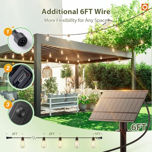 54FT(48+6) Solar String Lights Outdoor, Waterproof Dimmable 24+2 LED (48+6FT(24 Sockets)(1 Pack))