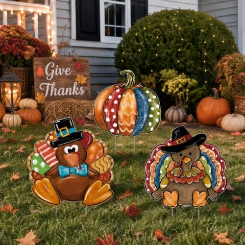 Smile Thanksgiving Yard Signs with Stakes (3P-Turkey Pumpkin)