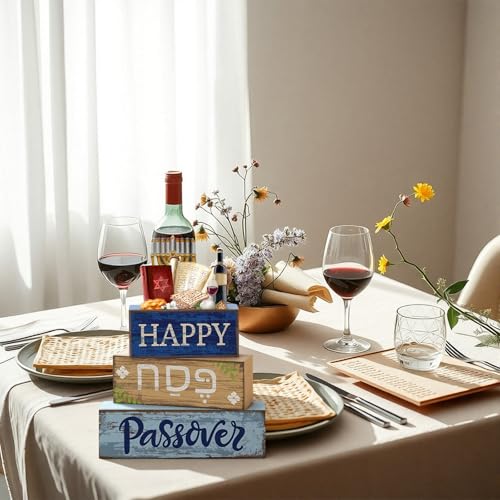 4 Pcs Wooden Passover Block Signs Farmhouse Tiered Tray Decor (Passover)