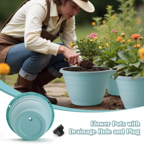 3 Pack 11 Inch Plant Pots with Drainage Hole and Plug (Sky Blue / 11 inch)