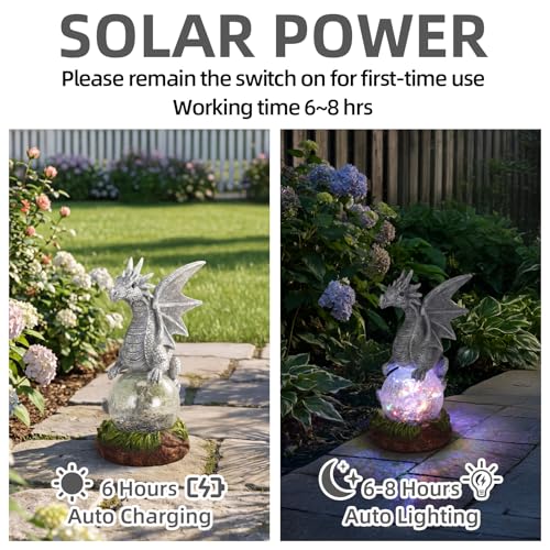 Solar Garden Dragon Statue Decor for Yard Lawn Patio Outdoor (Dragon)
