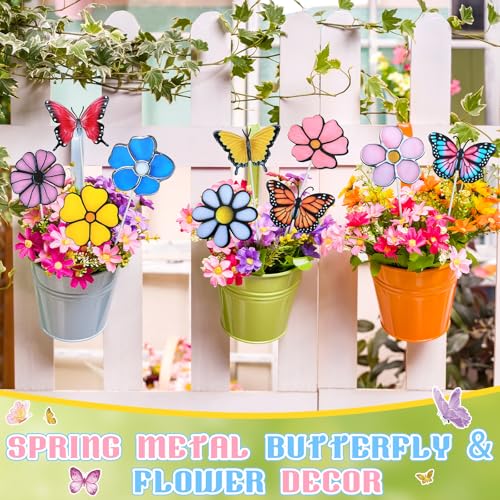 10 Pcs Metal Flower Garden Stake for Outside Outdoor 11.8" 5D Summer Flowers Butterfly Metal Sign Waterproof Decoration Landscape Ornament for Lawn Yard Garden Patio Porch Art (Butterfly, Flower)
