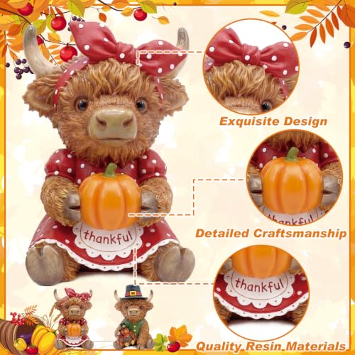 2 Pcs Fall Thanksgiving Highland Cow Resin Turkey Cow Figurines (5 Inch / Turkey Pumpkin Highland Cow)