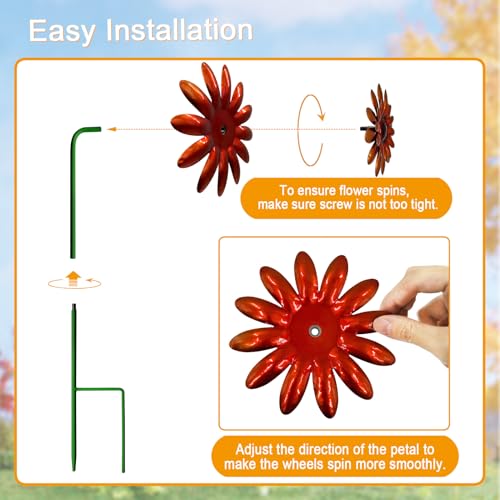 5 Pack Metal Autumn Mums Wind Spinner Garden Stake (Orange-mums)