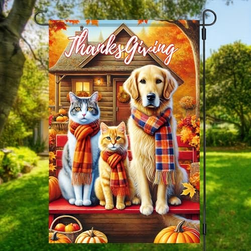 Thanksgiving Dog and Cat Garden Flag 12x18 Inch Fall Yard Decor (Cat and Dog)