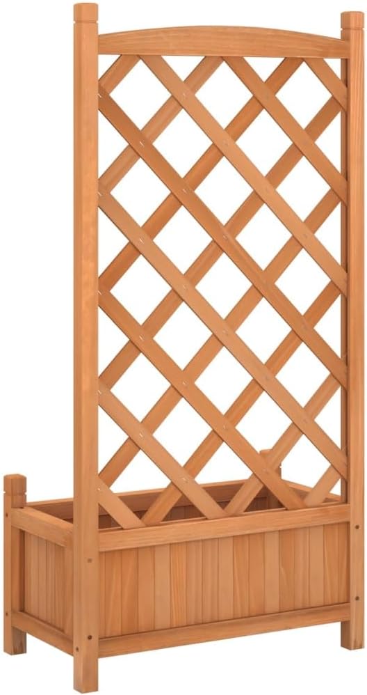 Solid Fir Wood Raised Planter Box with Trellis Brown Rectangular for Outdoor Garden Patio Balcony – Sturdy Natural Finish Medium Size 11.6x21.7x43.3 Inches
