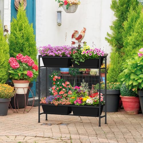 Raised Garden Bed 32" Tall Elevated Planter Boxes with Trellis & Legs (Black)