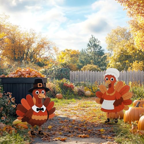 2 Pack Fall Thanksgiving Metal Yard Sign Stake (Pilgrim Turkey)