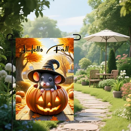 Halloween Welcome Witch Hat Garden Flag 12x18 Inch Double Sided (Mouse Pumpkin Hat Hello Fall)