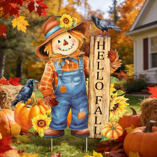 Fall Yard Sign Scarecrow Pumpkin Flower Metal Garden Stakes Hello Fall Lawn Ornaments Seasonal Harvest Decoration for Autumn Thanksgiving Outdoor Porch Patio Garden