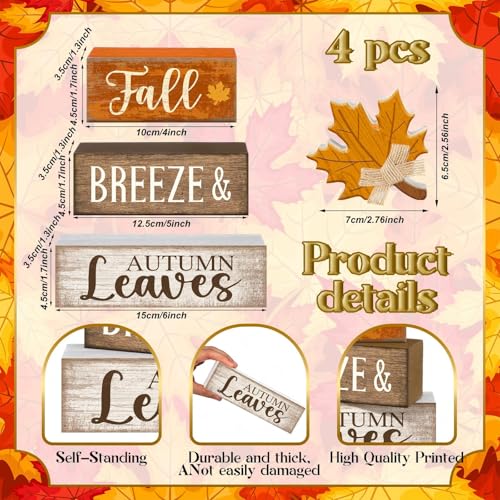 4 Pcs Wooden Fall Block Signs Farmhouse Tabletop Decor (Harvest Decoration)
