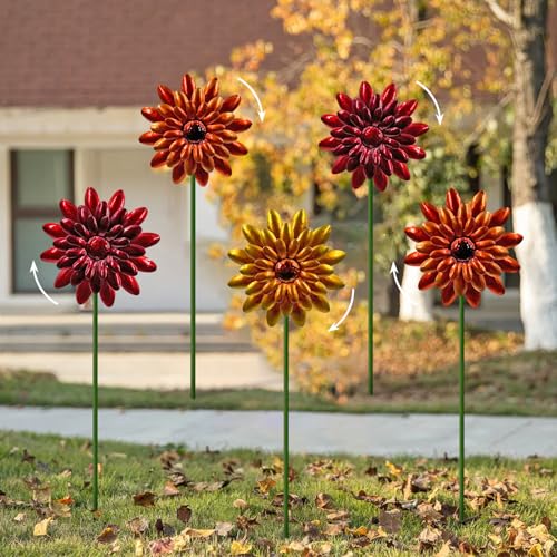5 Pack Metal Autumn Mums Wind Spinner Garden Stake (Orange-mums)