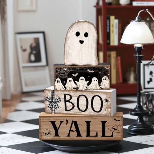 4 Pcs Halloween Table Decoration Wooden Ghost Tiered Tray Decor (Little Ghost)