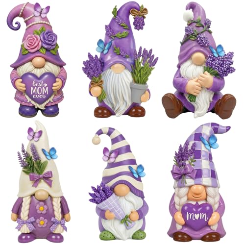 6 Pcs Purple Lavender Gnomes Mother's Figurines Lavender Gnomes with Best Mom Ever (4 Inch / Mother's Day Lavender)