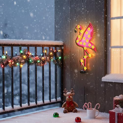 2 Pack 23.2" Metal Flamingo Outdoor Wall Decor with 30 Led Solar Lights (Pink-flamingo-2pack)