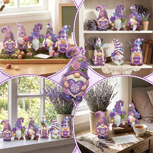 6 Pcs Purple Lavender Gnomes Mother's Figurines Lavender Gnomes with Best Mom Ever (4 Inch / Mother's Day Lavender)