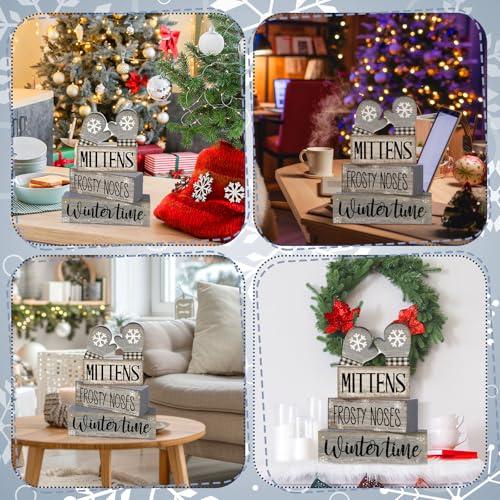 4 Pcs Winter Table Decorations Wooden Mittens Decor Winter Tiered Tray Decor Rustic Snowflake Mittens Block Signs Gift Farmhouse Christmas Centerpiece for Wonderland Party Kitchen Home (Snowflake Gloves)