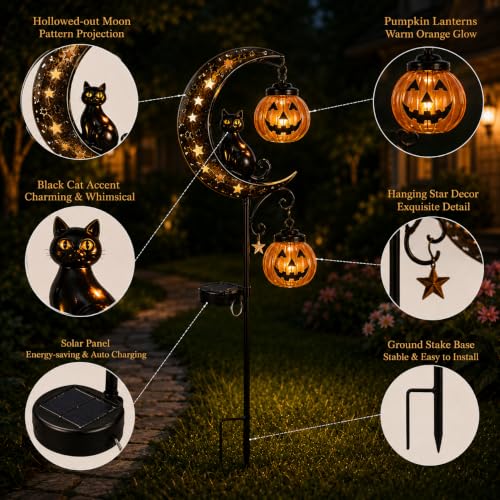 Halloween Black Cat & Pumpkin Moon Solar Garden Stake Light (Halloween B)