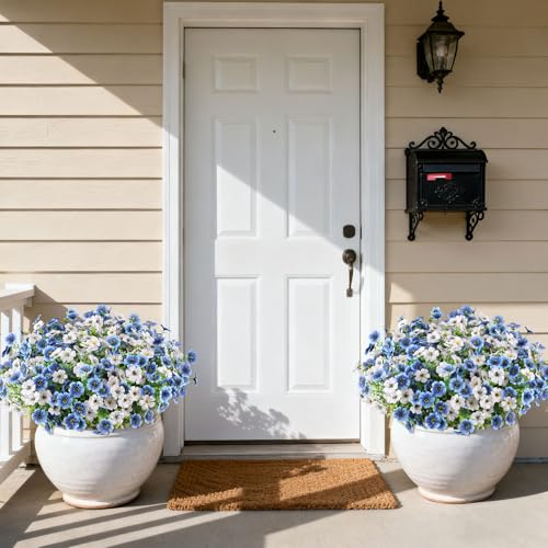 16PCS UV Resistant Artificial Flowers for Outdoors (White+blue / 16PCS)