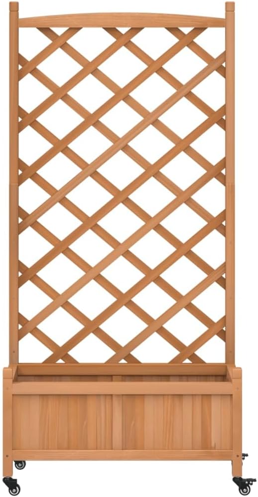 Large Rectangular Wooden Planter with Built-in Trellis Brown Outdoor Garden Bed for Climbing Plants and Vegetables Featuring Castor Wheels and Natural Finish