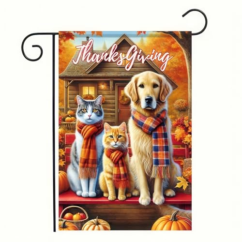 Thanksgiving Dog and Cat Garden Flag 12x18 Inch Fall Yard Decor (Cat and Dog)