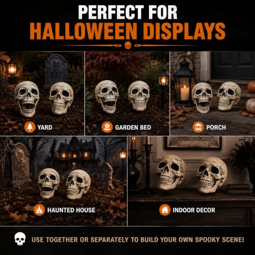 2 PC Realistic Skeleton Skull Halloween Decorations for Outdoor Indoor Yard Decor Graveyard Life Size (2 Skeleton Skull)