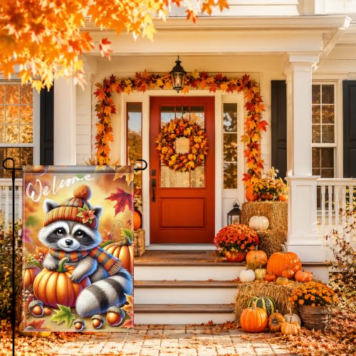 Fall Garden Flag 12x18 Inch Cute Raccoon Pumpkin Welcome Decor (Cute Raccoon)