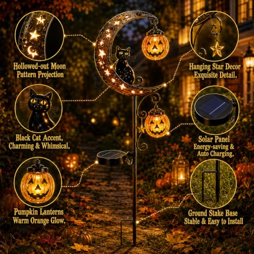 Solar Halloween Black Cat & Pumpkin Moon Garden Stake Light (B)