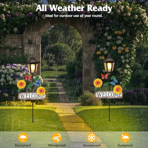 2 Pack Solar Garden Lights Butterfly with Welcome Sign (Yellow Flower)