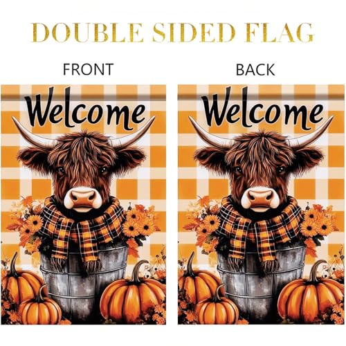 Thanksgiving Garden Flag 12x18 Inch Cow in Bucket with Pumpkins and Sunflowers and Welcome Message Outdoor Yard Porch Lawn Decoration for Fall Seasonal Holiday Decor (Cow in Bucket with Pumpkins)